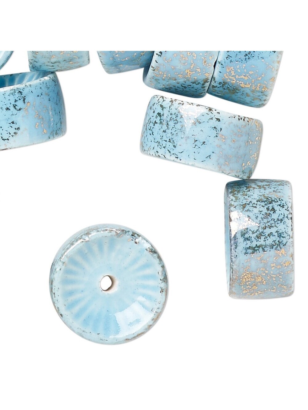 Vintage Japanese Lt Blue Gold Glazed Fine Porcelain Fancy Rondelle Beads 4 pcs